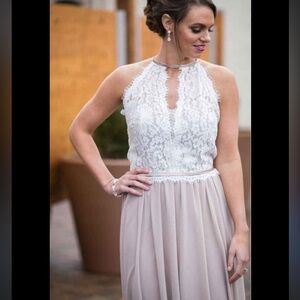 Christina Wu White and Beige Lace Maxi Dress